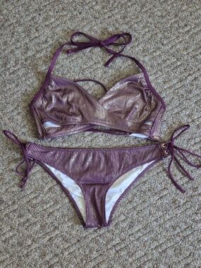 PINK Victoria's Secret Shimmery Purple Ribbed Bikini Set Medium